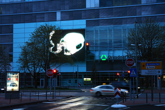 heiko höfer, Ghost Photographs,large led display, facade of the dresdner kleinwort in frankfurt a.m., 2008, photo: heiko höfer